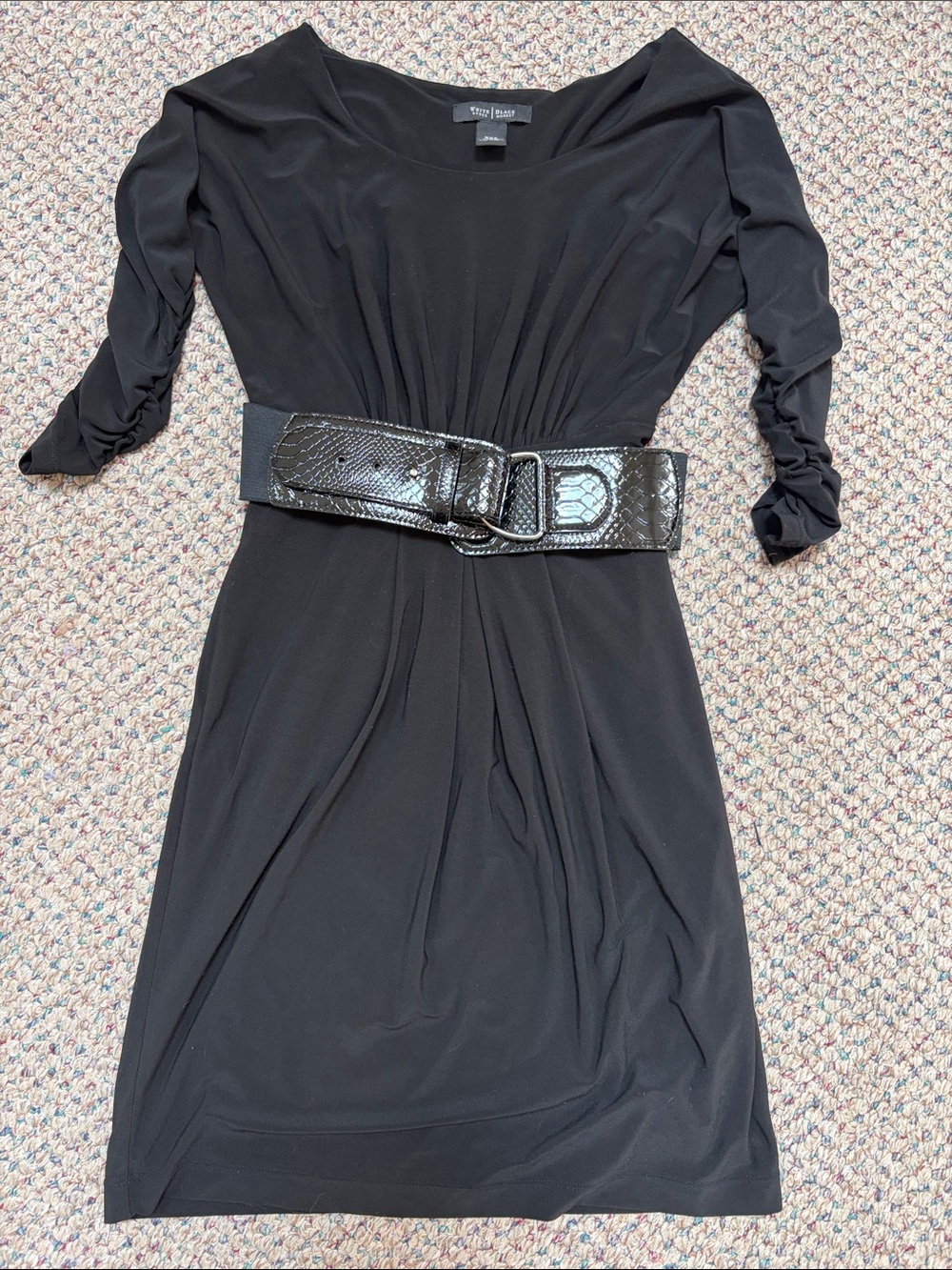 White House Black Market Black Ruched-Sleeve Belted Sheath Dress